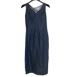 VTG Y2K Joni Blair Denim Criss Cross Back Midi Dress Sz 9 (Jrs) 90s Strappy